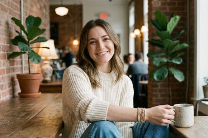 Femme &eacute;l&eacute;gante portant bracelets fins dans un caf&eacute; cosy