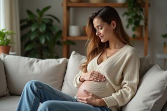 Femme enceinte tenant un collier bola dans un salon cosy