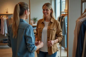 Femme souriante essayant un vetement XL en boutique