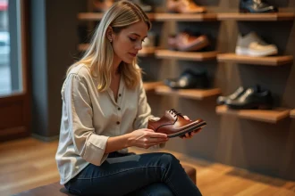 Femme examinant une chaussure en cuir dans une boutique de chaussures pour évaluer sa pointure