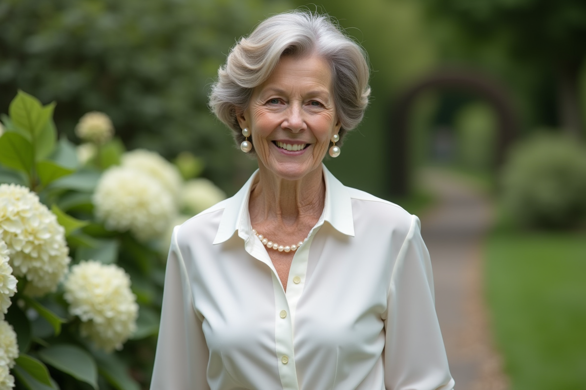 Femme de 60 ans dans un jardin avec hortensias