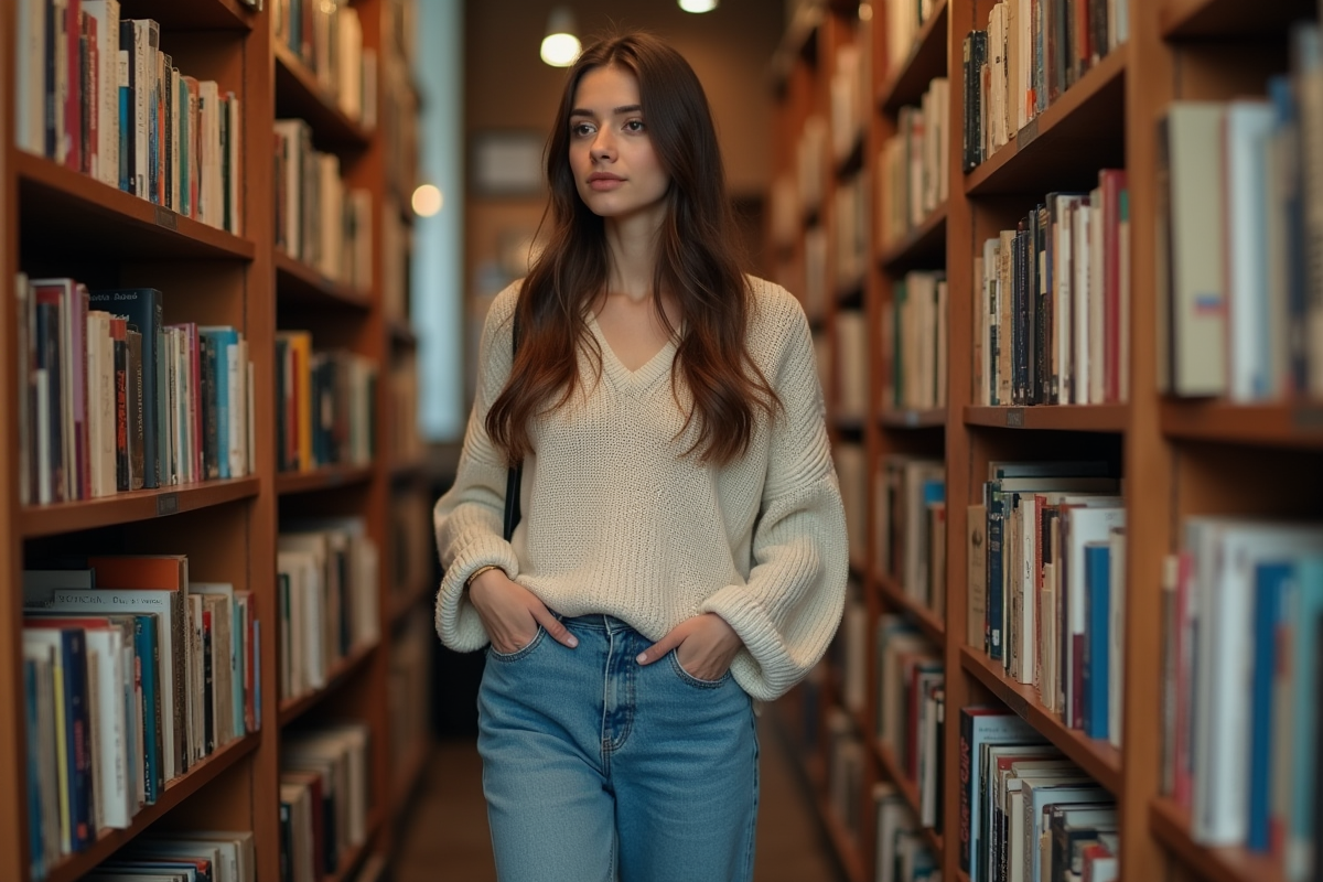 Jeune femme en jeans vintage dans une librairie chaleureuse