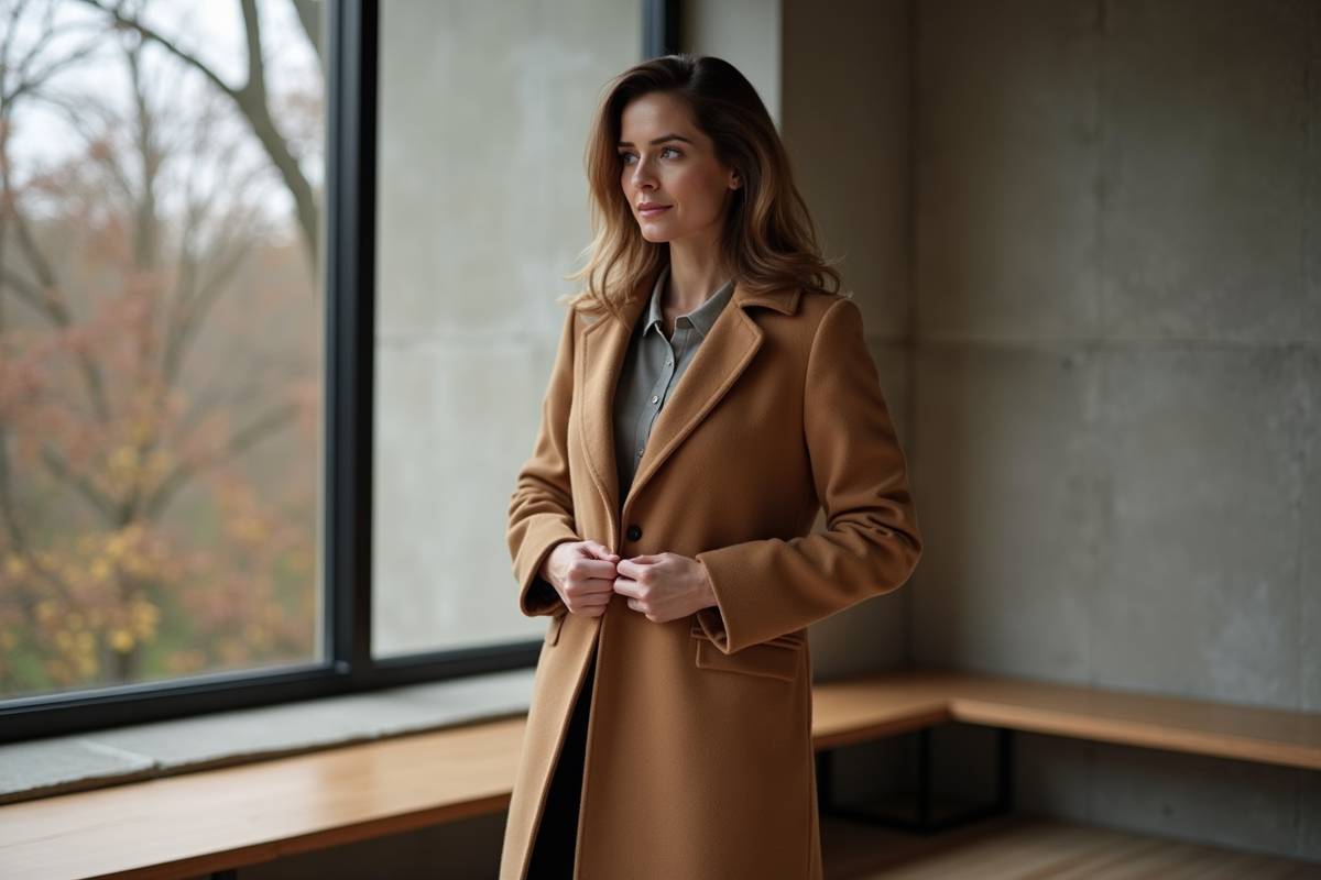 Femme élégante en manteau camel en intérieur