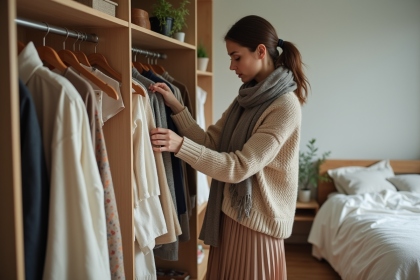Femme stylée arrangeant ses vêtements dans une chambre chaleureuse