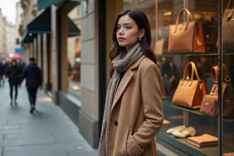 Femme élégante devant boutique de luxe avec sacs à main