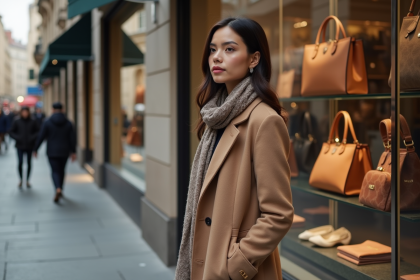 Femme élégante devant boutique de luxe avec sacs à main