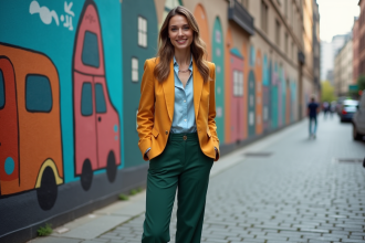 Femme élégante devant un mur urbain coloré en ville
