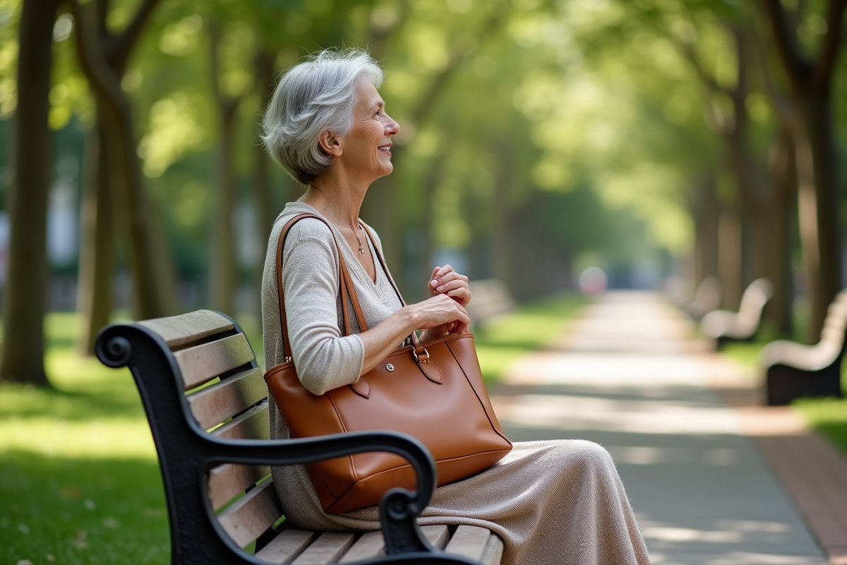 Femme assise dans un parc en robe fluide et sac en cuir