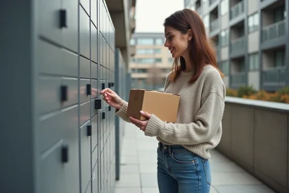 Jeune femme utilisant un casier &agrave; colis en ext&eacute;rieur