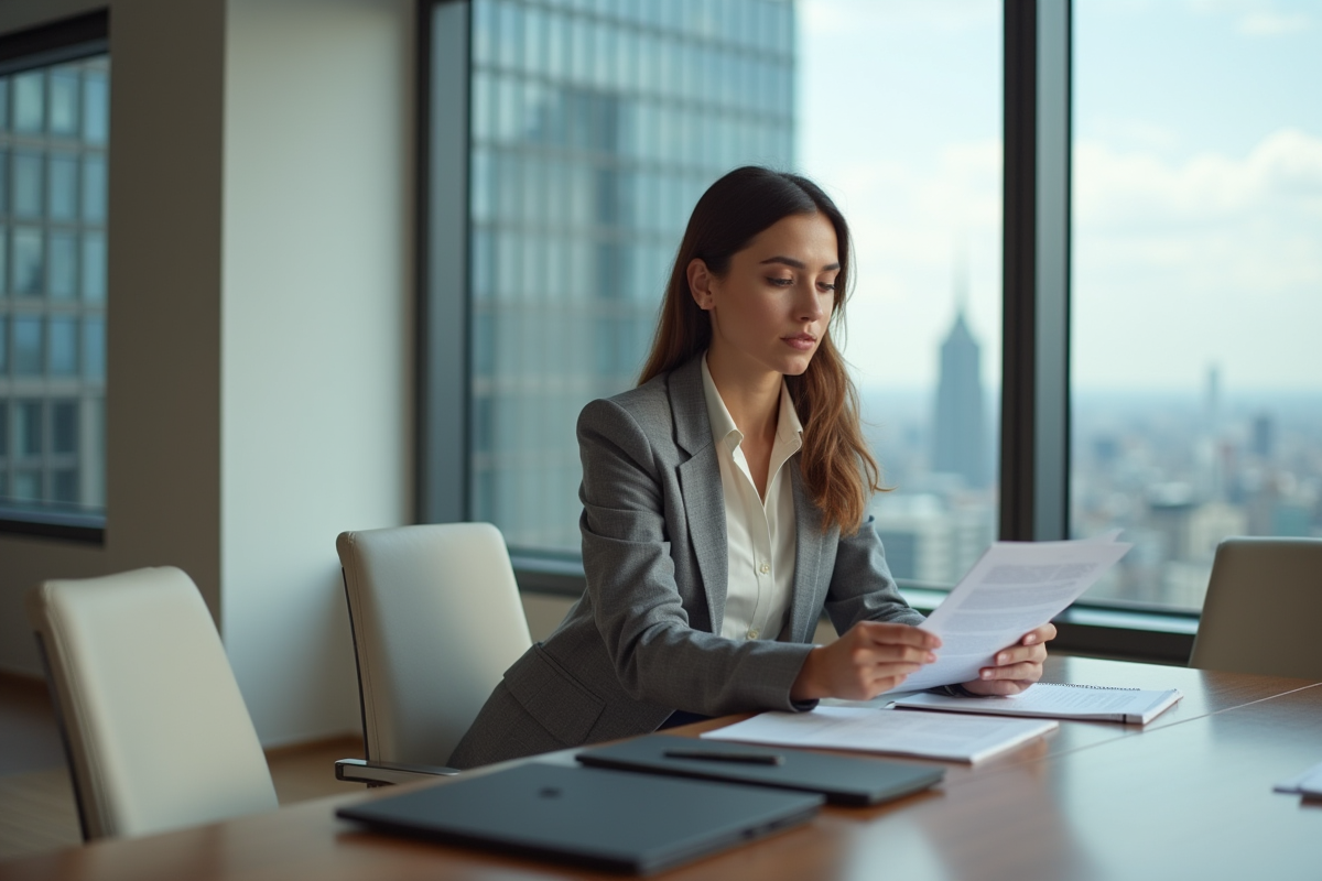 Femme en blazer gris assise à une table de réunion