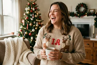 Femme portant un pull de Noël personnalisé avec broderies et initiales dans un salon décoré pour les fêtes