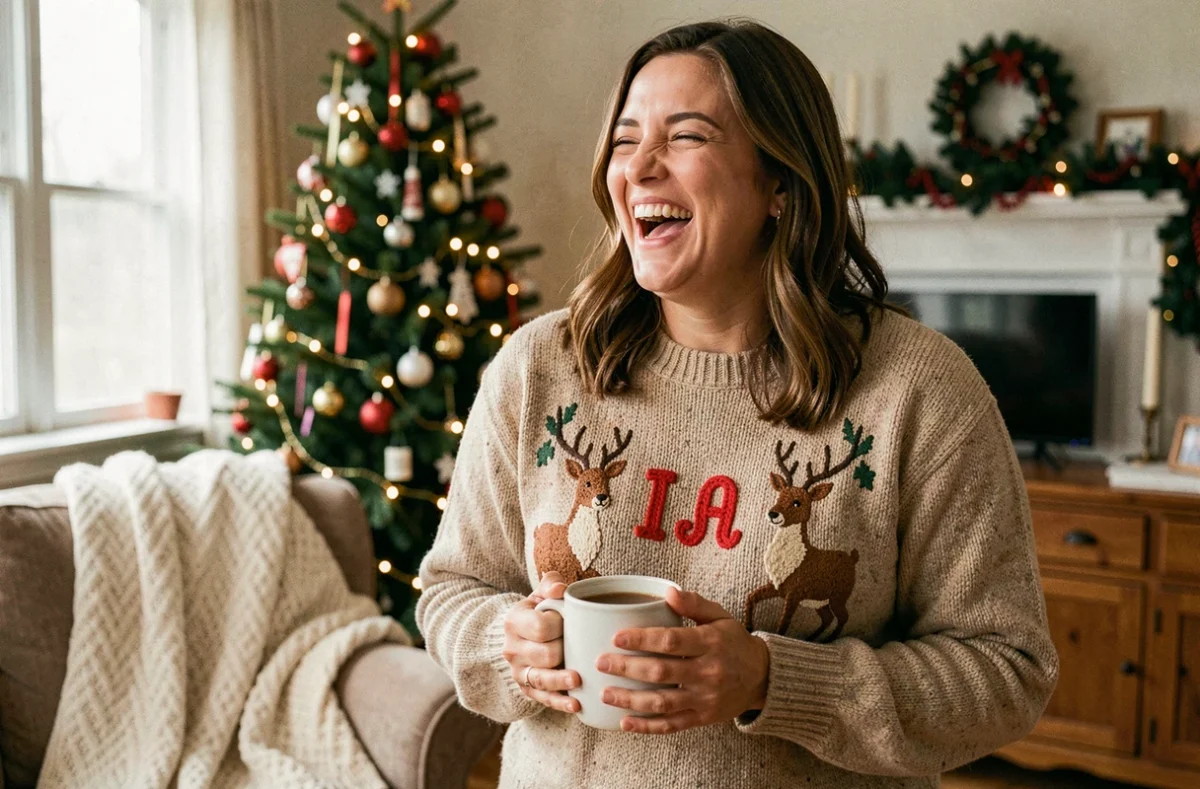 Femme portant un pull de Noël personnalisé avec broderies et initiales dans un salon décoré pour les fêtes