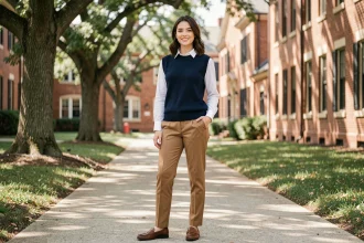 Jeune femme en pull sans manche marine sur chemise blanche dans un style preppy sur un campus universitaire