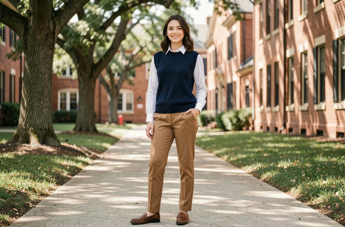 Jeune femme en pull sans manche marine sur chemise blanche dans un style preppy sur un campus universitaire