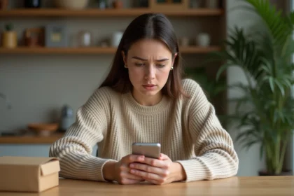 Femme frustrée tapant sur son téléphone à propos d'un retour colis Vinted non récupéré