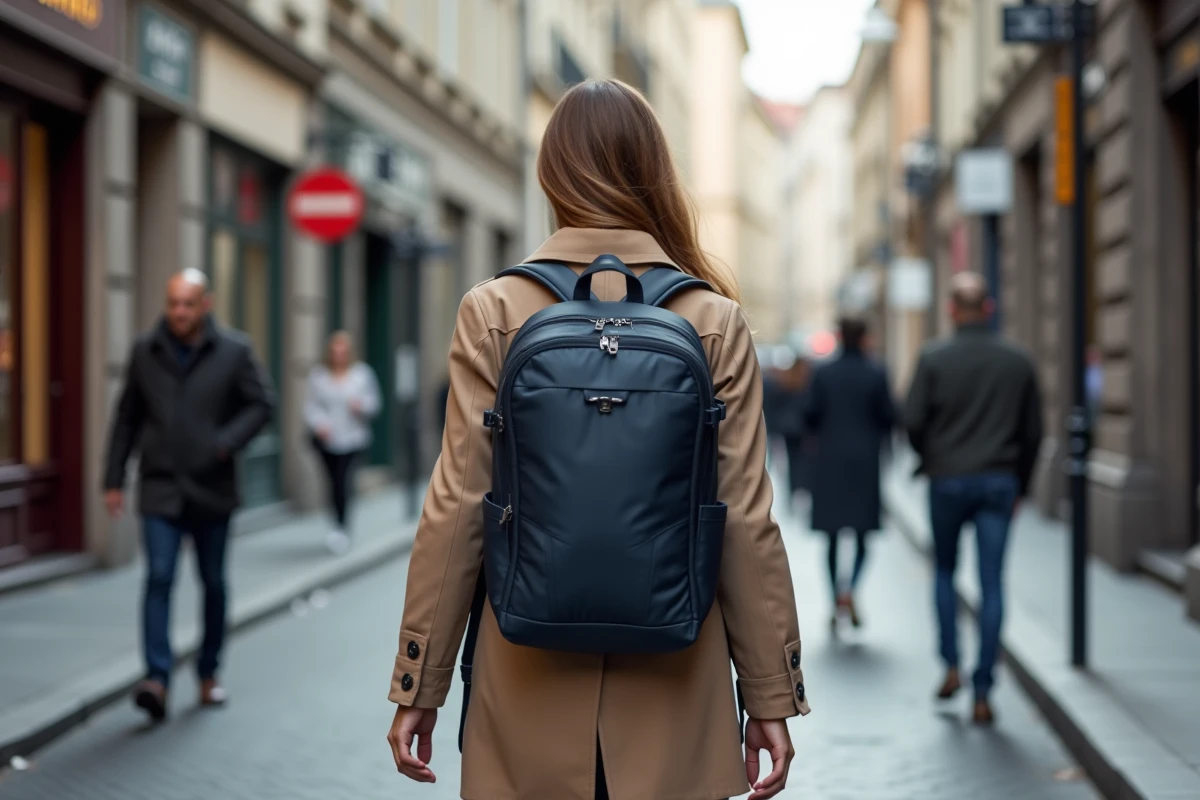 Femme portant un sac à dos anti-vol sécurisé en ville avec fermetures cachées et tissu structuré