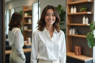 Femme souriante dans un salon de coiffure moderne