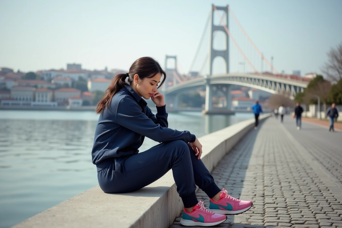 Femme en tenue d&eacute;contract&eacute;e assise sur un banc avec ses sneakers color&eacute;s &agrave; Lisbonne