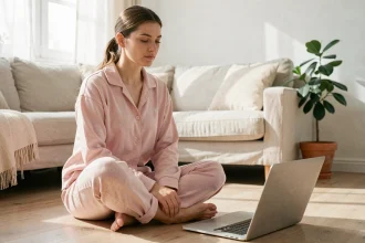 Femme en tenue confortable naviguant sur un site de vêtements en ligne pour profiter des promotions Pilou Pilou Store