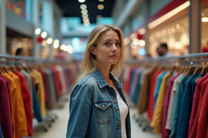 Femme en jean parcourant un centre commercial de mode