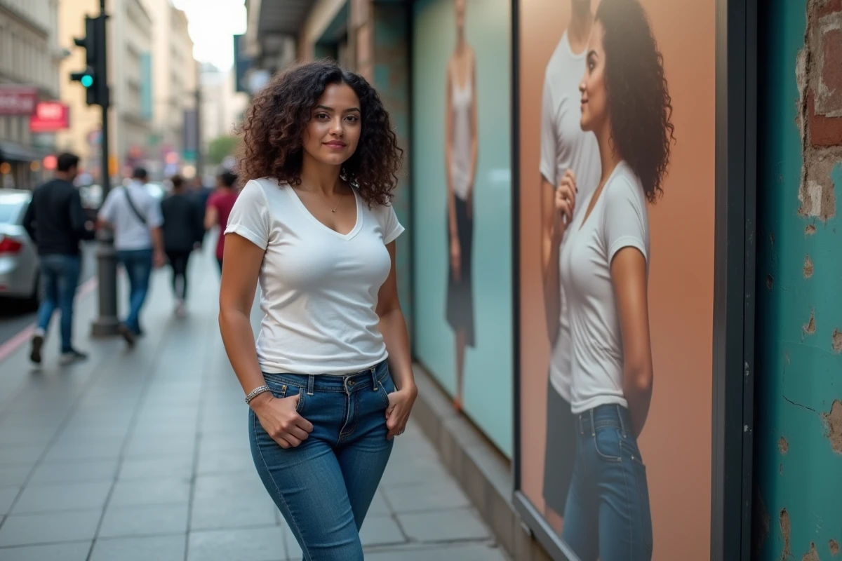 Femme aux courbes naturelles comparant sa silhouette à une affiche publicitaire retouchée dans une rue urbaine animée