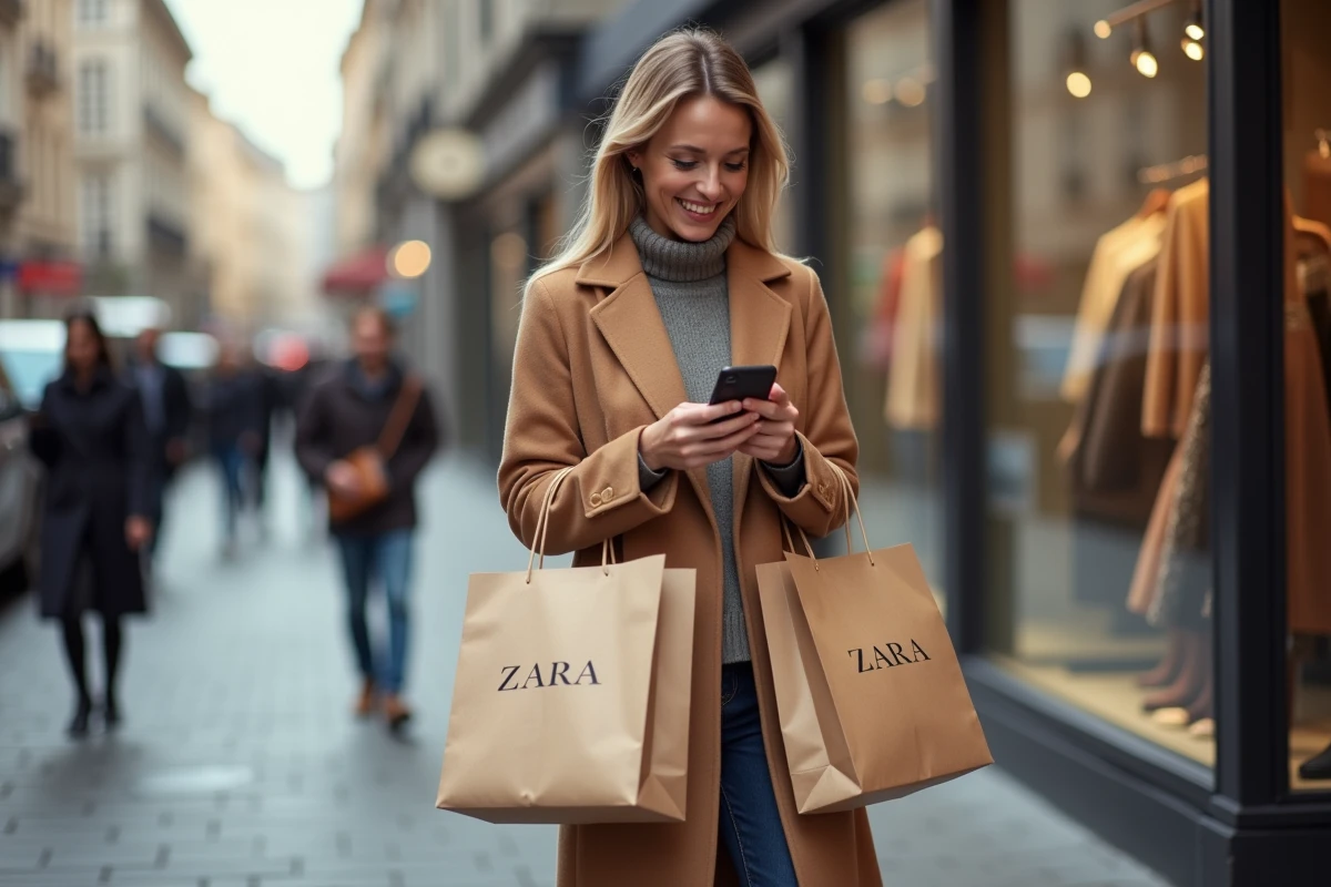 Femme élégante sortant d'un magasin Zara avec ses achats mode responsables grâce à une réduction