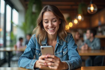 Femme souriante avec smartphone dans un caf&eacute; urbain