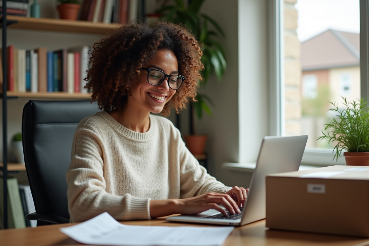 Femme souriante travaille sur son ordinateur dans un bureau à domicile