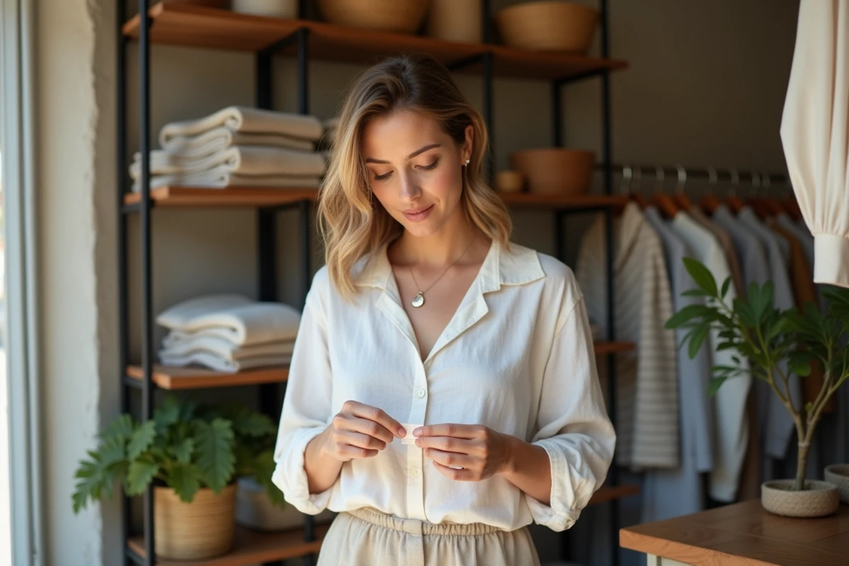 Femme examinant une étiquette de vêtement dans une boutique écologique