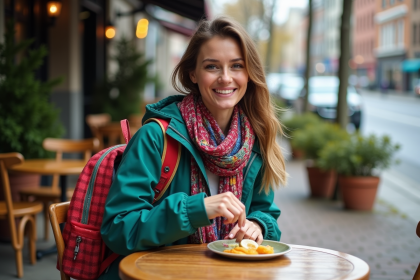 Femme souriante dans un café urbain avec sac coloré