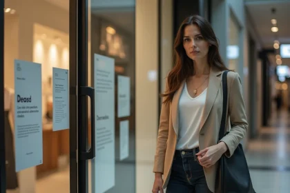 Femme devant un magasin Zara ferm&eacute; d&eacute;finitivement dans un centre commercial, enseigne barr&eacute;e et vitrine recouverte de papier