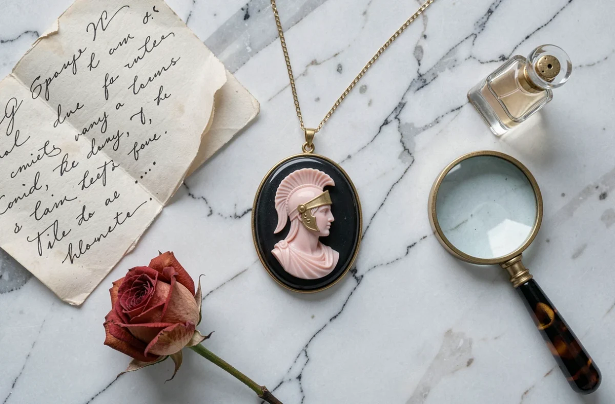 Flat lay avec camée pendentif antique sur marbre blanc entouré de lettre manuscrite, rose séchée et objets vintage symbolisant l'héritage des bijoux