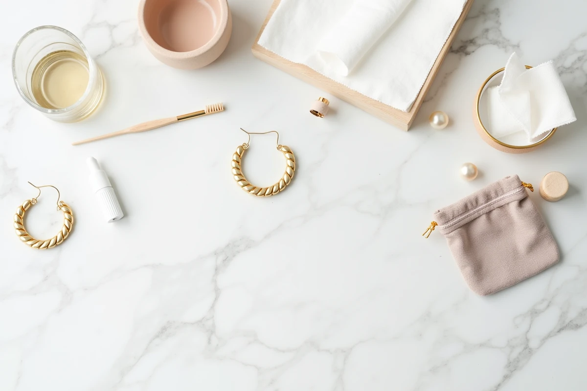 Flat lay de boucles d'oreilles créoles dorées avec accessoires d'entretien bijoux sur marbre blanc