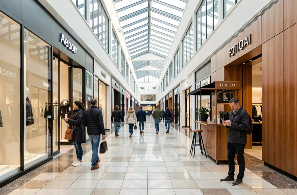 Galerie marchande du Centre Commercial Montparnasse avec boutiques et visiteurs à Paris