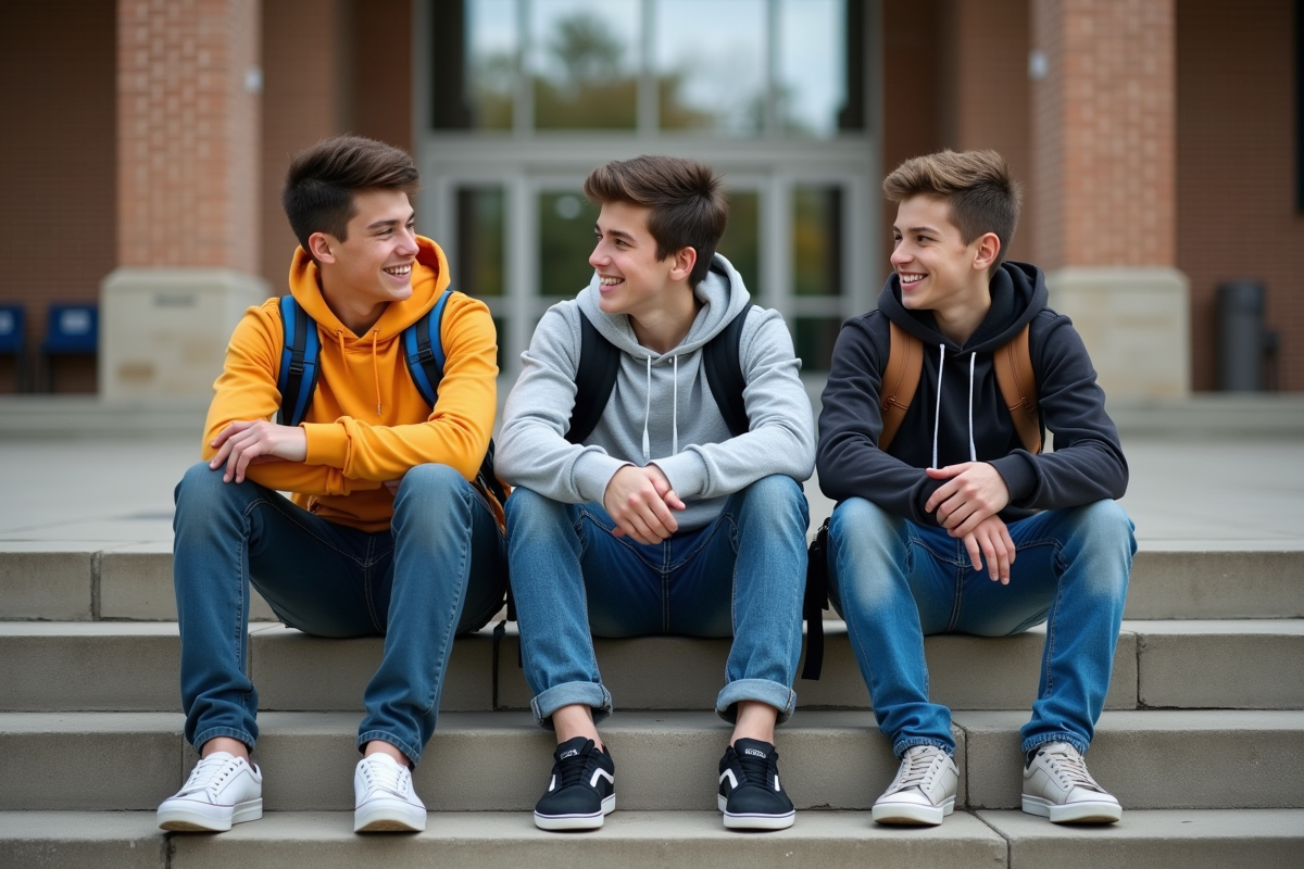 Groupe de garçons assis sur les marches de l école
