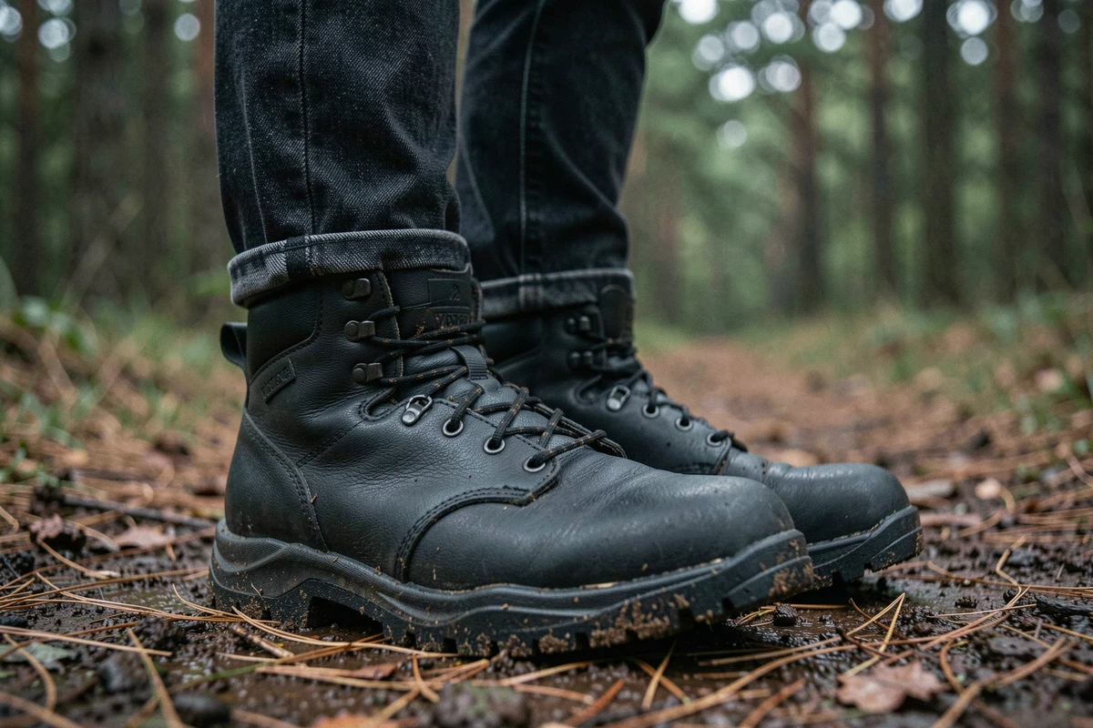 Gros plan sur des rangers noires à semelle épaisse portées sur un sentier forestier humide en forêt de pins