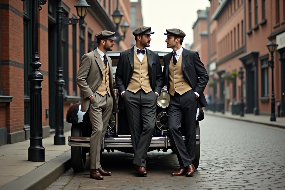 Trois hommes en costumes vintage discutant près d