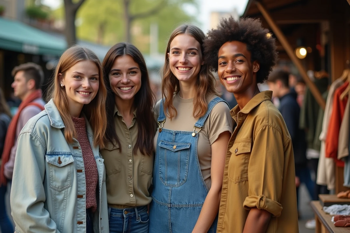 Groupe diversifié portant des vêtements éthiques en marché urbain