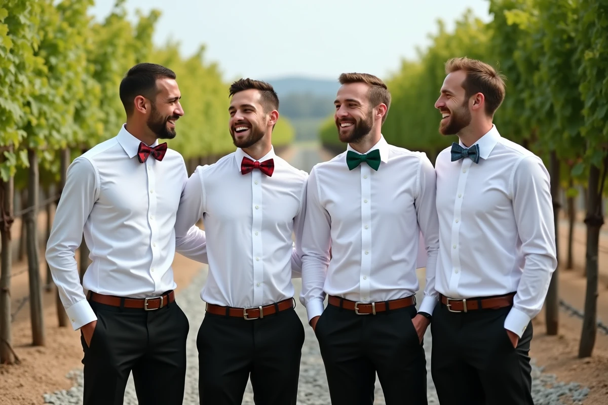 Quatre témoins de mariage alignés sur un chemin de vignoble, chacun portant un nœud papillon différent et original, riant ensemble dans une ambiance conviviale