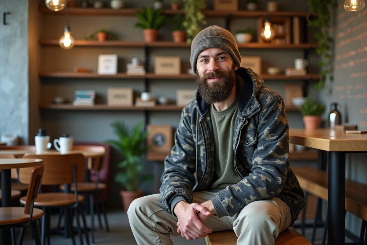 Homme barbu souriant dans un café industriel