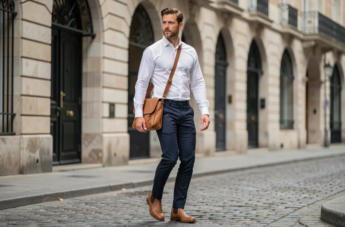 Homme élégant portant une besace cuir camel minimaliste en marchant dans une rue pavée européenne