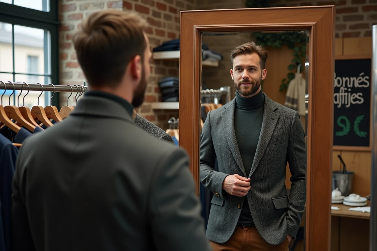 Homme essayant un blazer vintage dans une friperie tendance, look mode 2026 à prix réduit devant un miroir de boutique