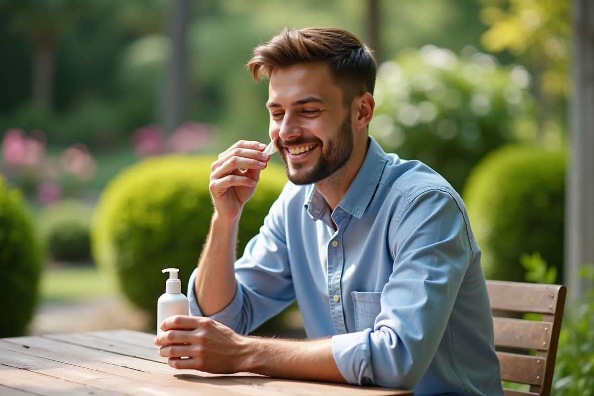 Jeune homme applique une crème dans un jardin botanique lumineux