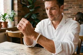 Homme dans la trentaine examinant un bracelet perle blanc à fermoir argent dans un café avec murs en briques