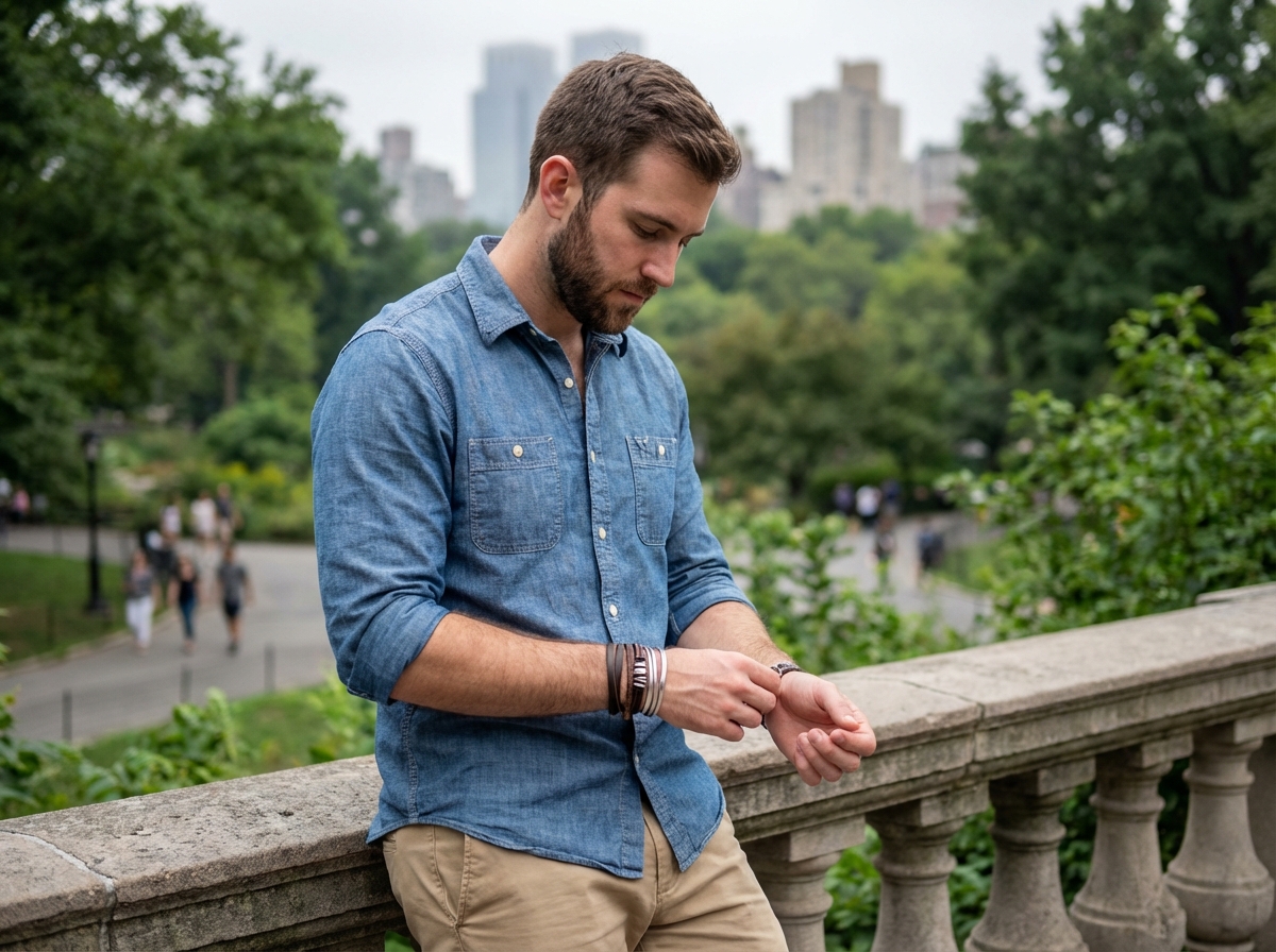 Homme ajustant bracelets en cuir et argent dans un parc