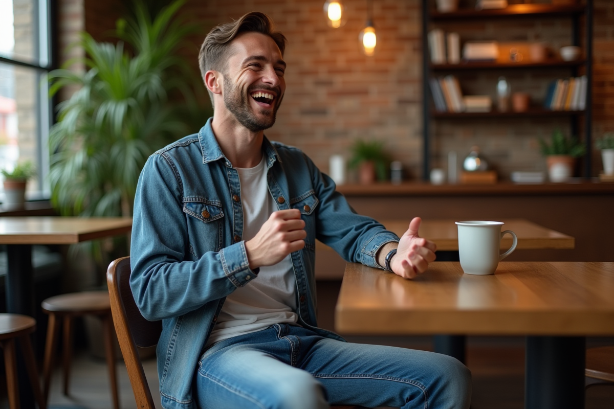 Jeune homme riant dans un café chaleureux