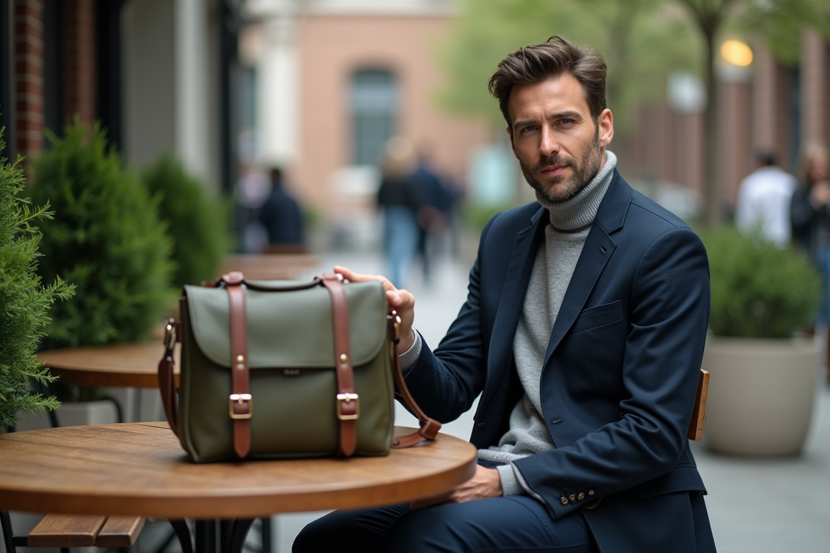 Homme avec sac messenger vert dans un café urbain