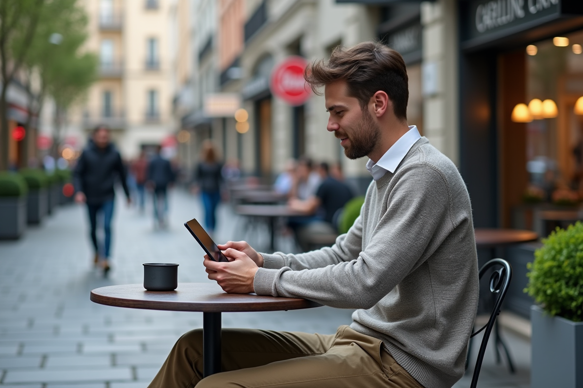 Jeune homme en extérieur dans un café urbain utilisant une tablette