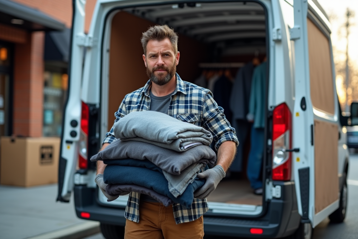 Homme chargé des vêtements dans une camionnette en ville