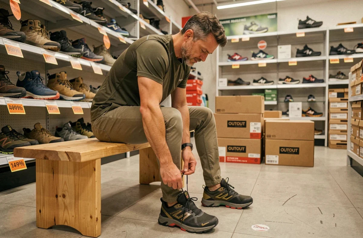 Homme essayant des chaussures de trail de marque en promotion dans un magasin de déstockage sportif